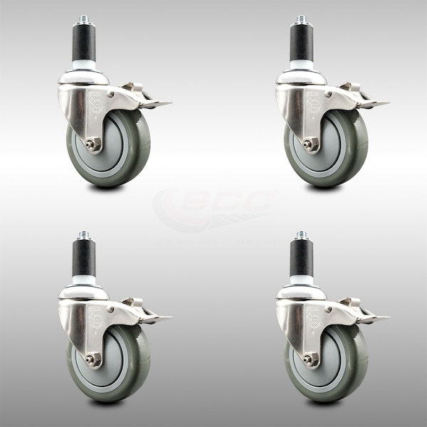 Service Caster 4 Inch 316SS Gray Poly Swivel 1-1/4 Inch Expanding Stem Caster Set Lock Brake SCC-SS316TTLEX20S414-PPUB-114-4 - main